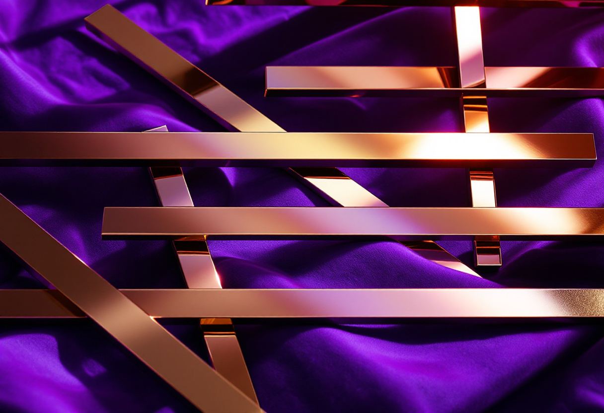 Brass and mirrored strips in a strict grid. An arrangement, not an order of merit.
