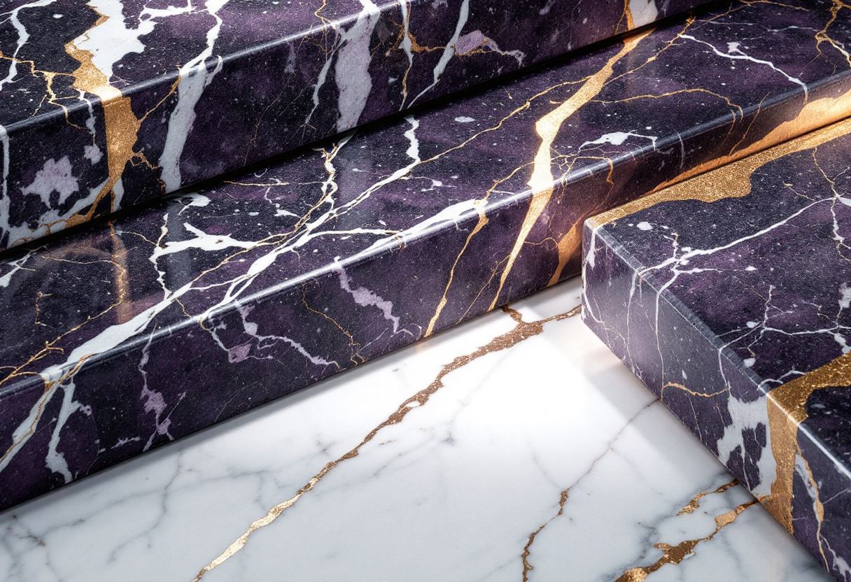 Terrazzo and marble stacked at offset angles.